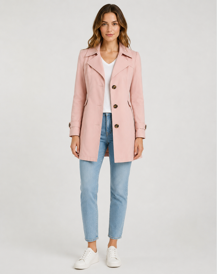 Women's short trench coat with notched lapels and three-button front - view 4