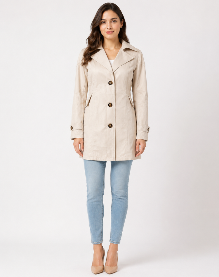 Women's short trench coat with notched lapels and three-button front - view 5