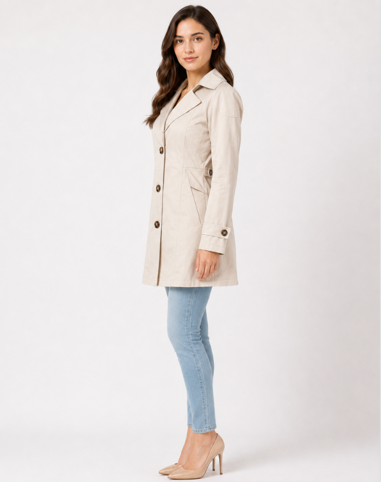 Women's short trench coat with notched lapels and three-button front - view 6