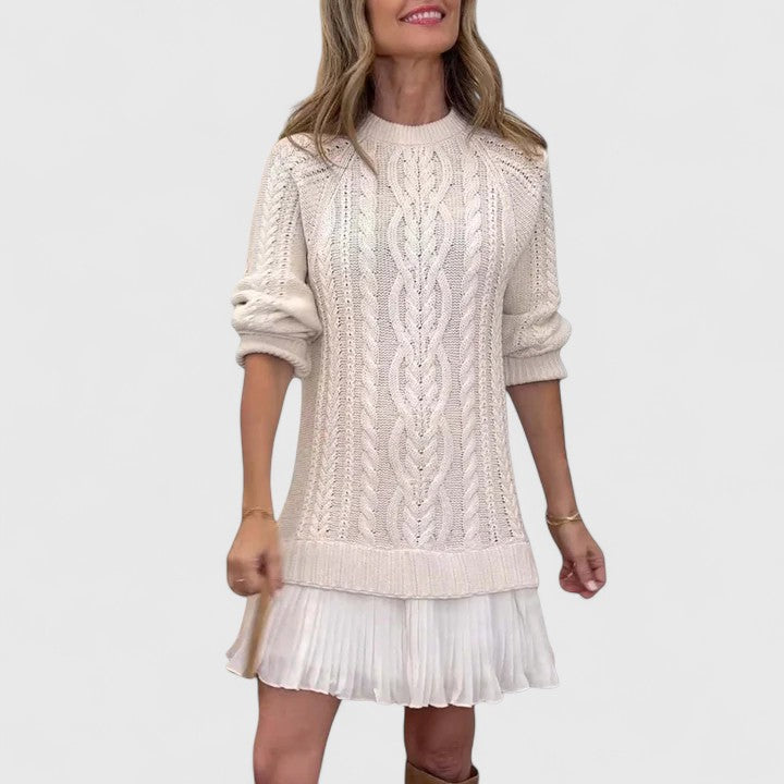 Cable knit crew neck sweater dress with pleated mini hem
