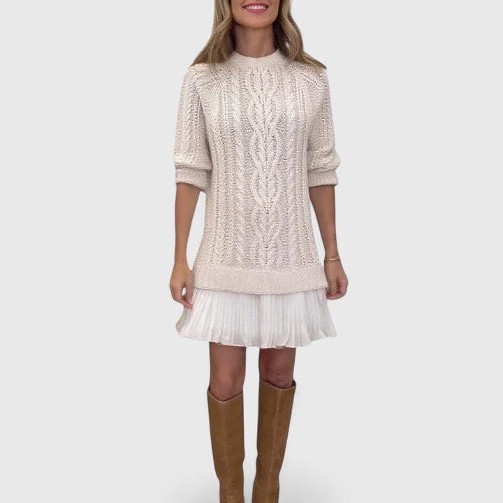 Cable knit crew neck sweater dress with pleated mini hem - view 2