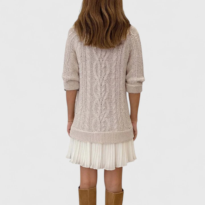 Cable knit crew neck sweater dress with pleated mini hem - view 3