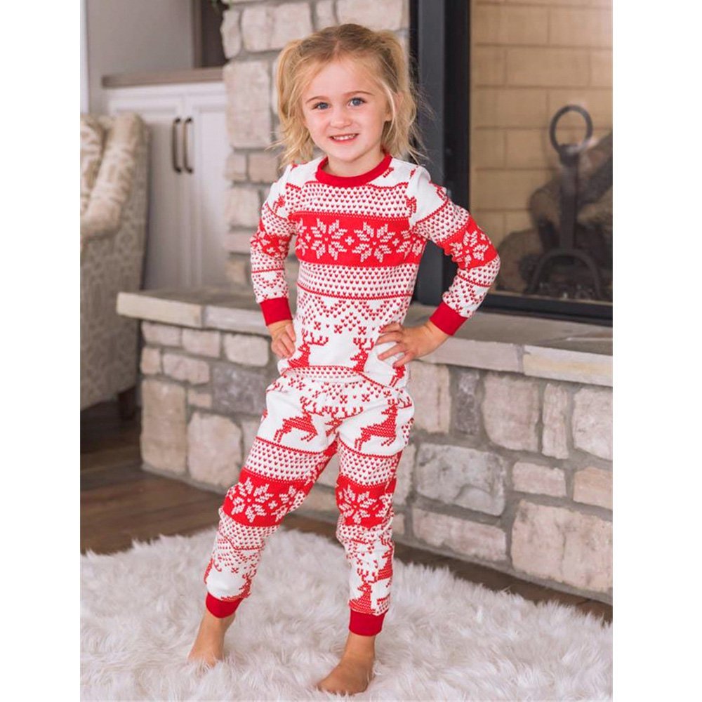 Matching family Christmas pajamas with red and white reindeer and snowflake print - view 3