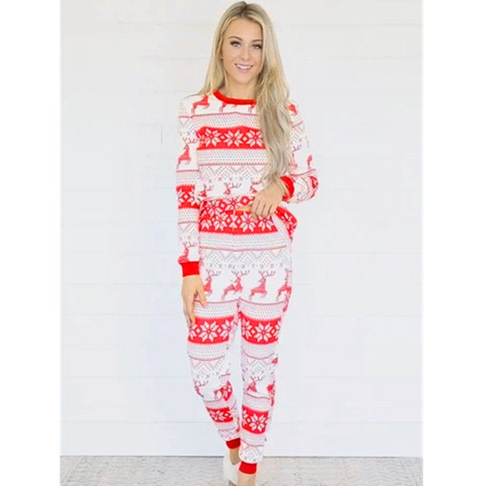 Matching family Christmas pajamas with red and white reindeer and snowflake print - view 9