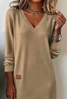 Woman wearing a V-neck long sleeve midi sweater dress with ribbed cuffs - view 3