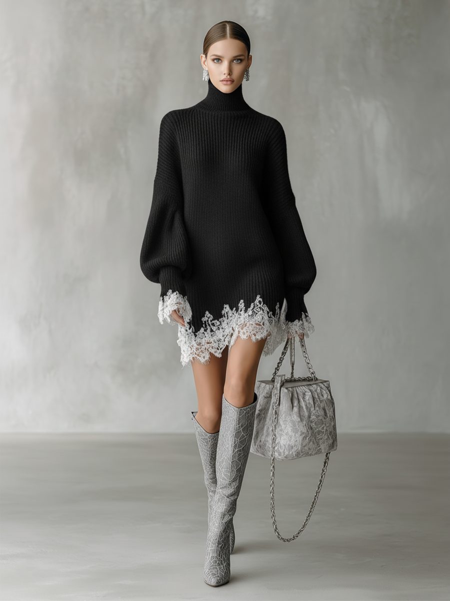 Ribbed turtleneck sweater dress with balloon sleeves and white lace hem - view 3