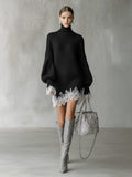 Ribbed turtleneck sweater dress with balloon sleeves and white lace hem - view 3