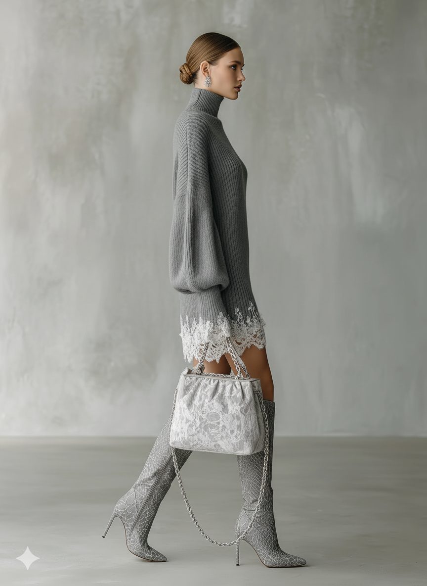 Ribbed turtleneck sweater dress with balloon sleeves and white lace hem - view 6