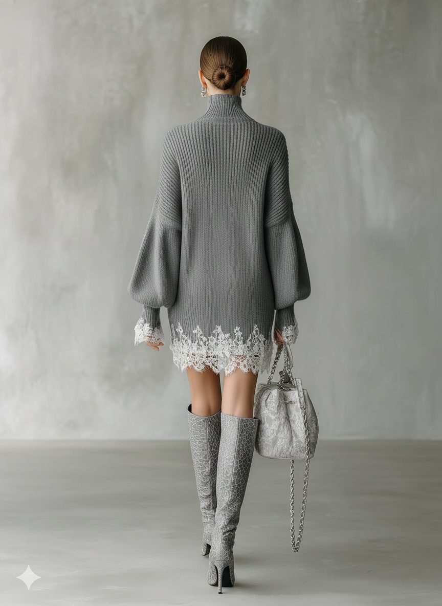Ribbed turtleneck sweater dress with balloon sleeves and white lace hem - view 7