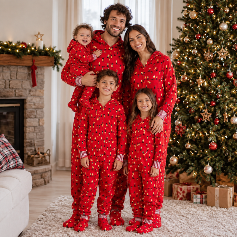 Matching family in red hooded Christmas pajama onesies with light bulb print