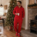 Matching family in red hooded Christmas pajama onesies with light bulb print - view 4