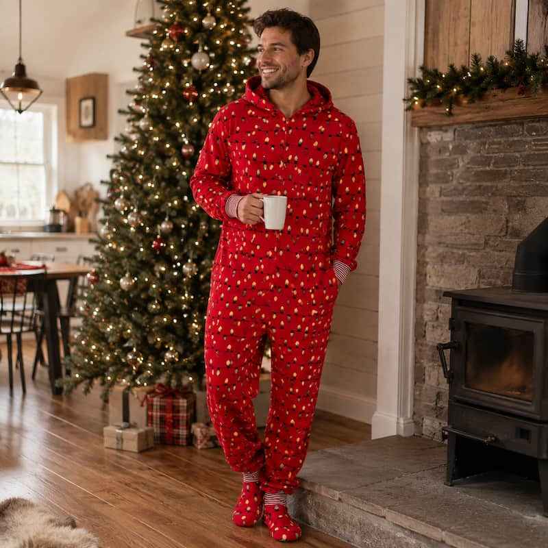 Matching family in red hooded Christmas pajama onesies with light bulb print - view 4