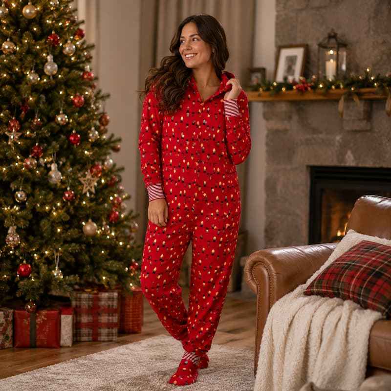 Matching family in red hooded Christmas pajama onesies with light bulb print - view 5