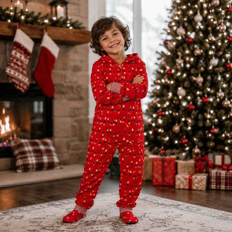 Matching family in red hooded Christmas pajama onesies with light bulb print - view 6