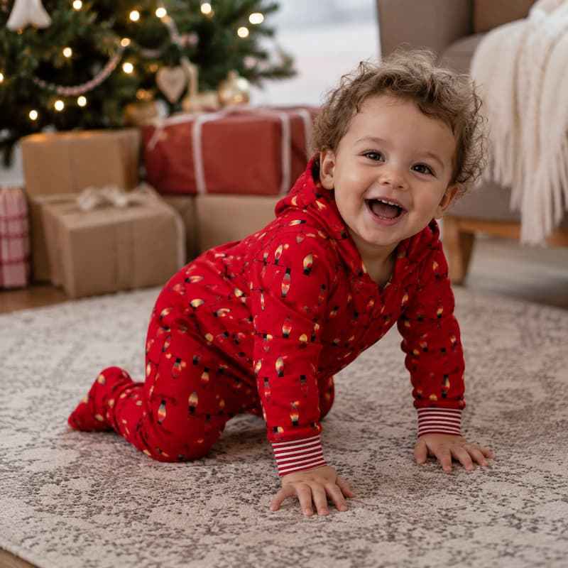 Matching family in red hooded Christmas pajama onesies with light bulb print - view 7