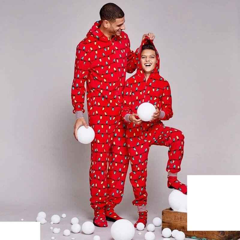Matching family in red hooded Christmas pajama onesies with light bulb print - view 8