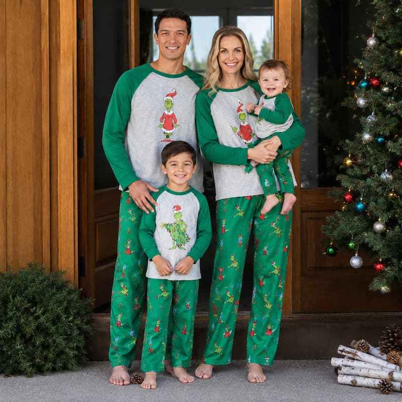 Matching family Christmas pajama set with heather gray raglan top, green sleeves and green print pants