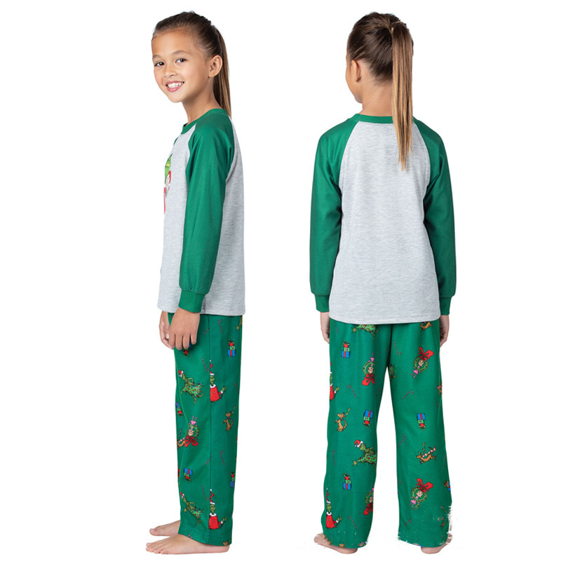 Matching family Christmas pajama set with heather gray raglan top, green sleeves and green print pants - view 10