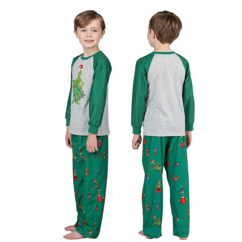 Matching family Christmas pajama set with heather gray raglan top, green sleeves and green print pants - view 11