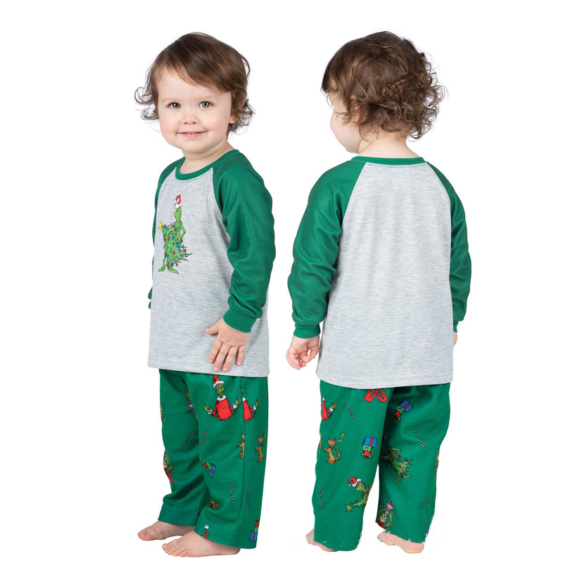 Matching family Christmas pajama set with heather gray raglan top, green sleeves and green print pants - view 12