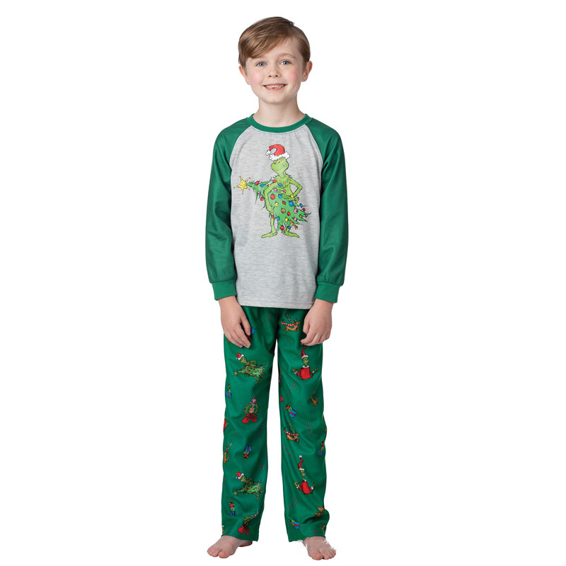 Matching family Christmas pajama set with heather gray raglan top, green sleeves and green print pants - view 13