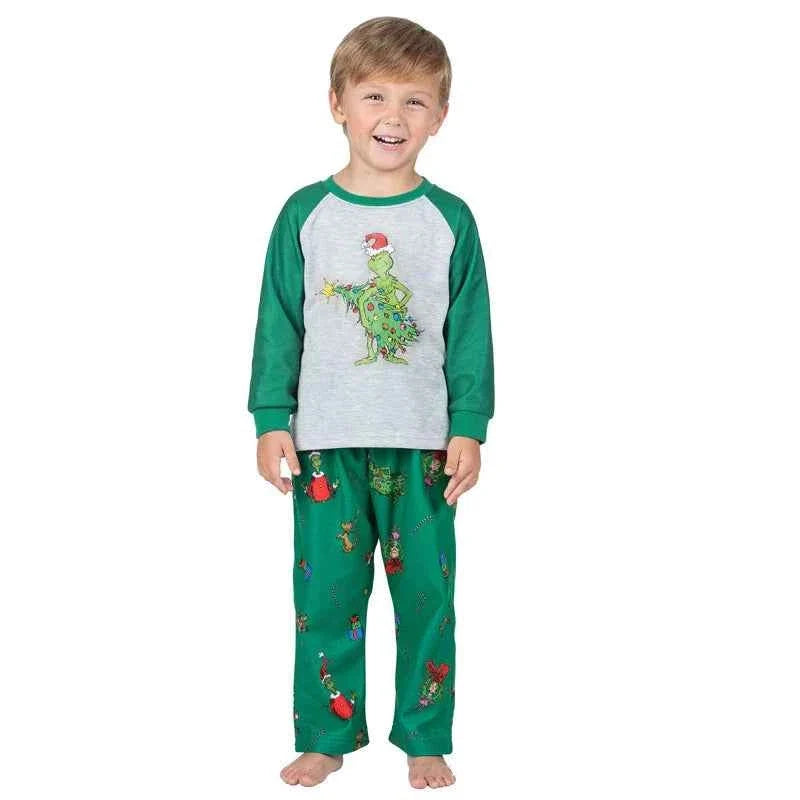 Matching family Christmas pajama set with heather gray raglan top, green sleeves and green print pants - view 14