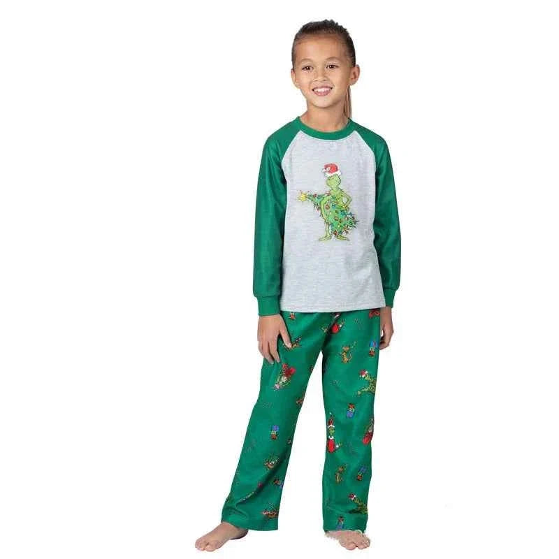 Matching family Christmas pajama set with heather gray raglan top, green sleeves and green print pants - view 15
