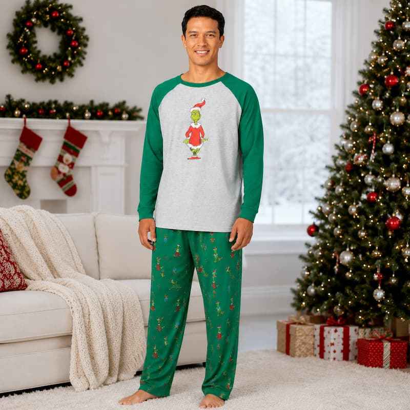 Matching family Christmas pajama set with heather gray raglan top, green sleeves and green print pants - view 2