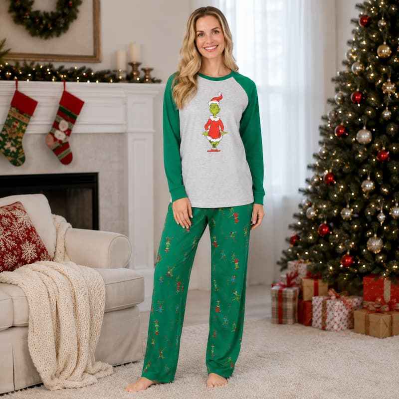 Matching family Christmas pajama set with heather gray raglan top, green sleeves and green print pants - view 3