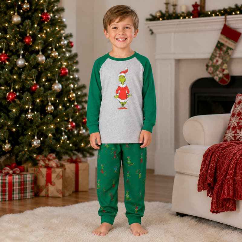 Matching family Christmas pajama set with heather gray raglan top, green sleeves and green print pants - view 4