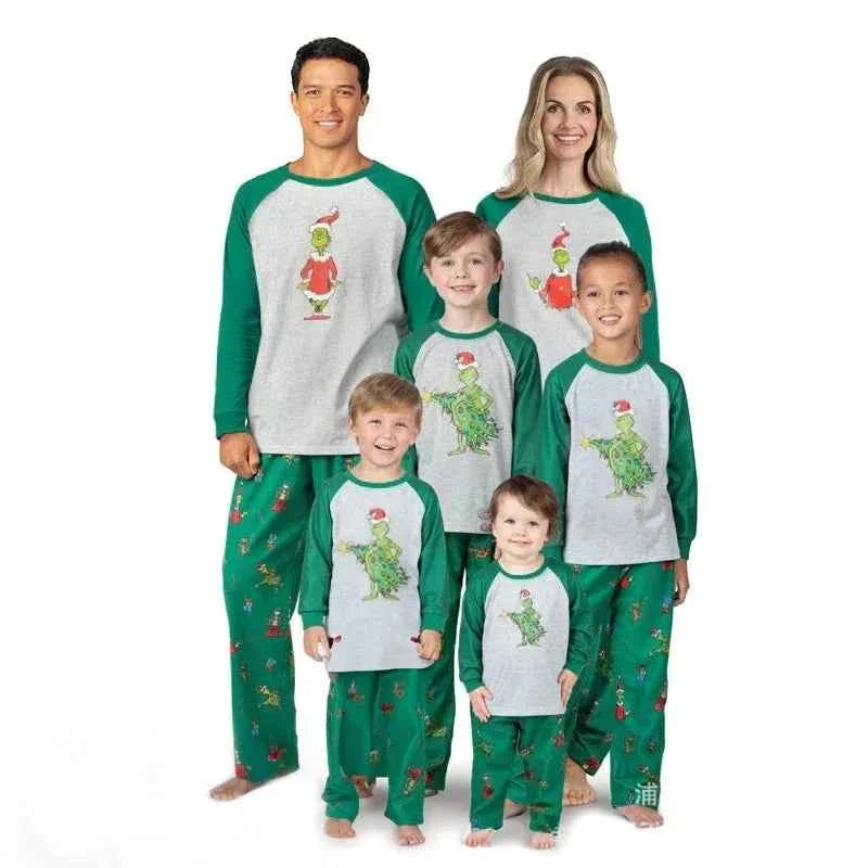 Matching family Christmas pajama set with heather gray raglan top, green sleeves and green print pants - view 6
