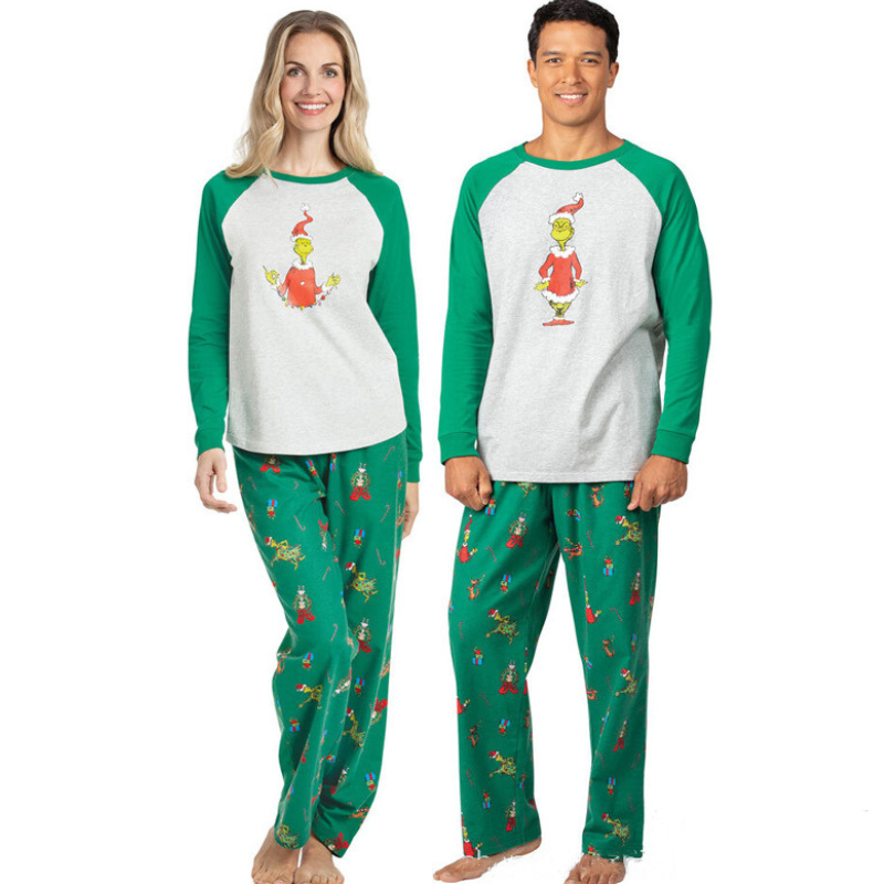 Matching family Christmas pajama set with heather gray raglan top, green sleeves and green print pants - view 7