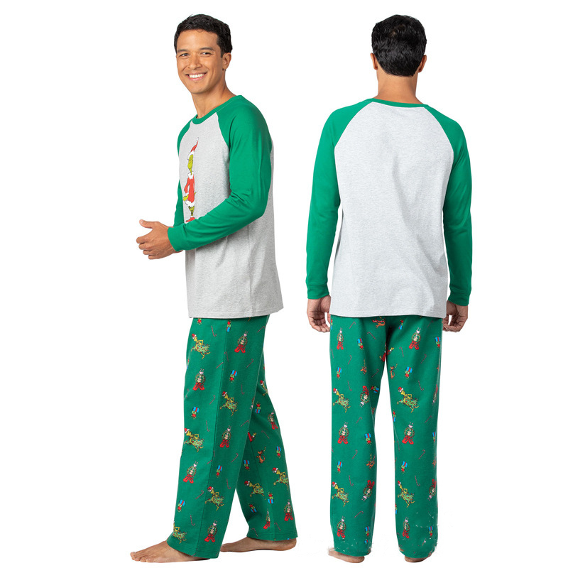 Matching family Christmas pajama set with heather gray raglan top, green sleeves and green print pants - view 8