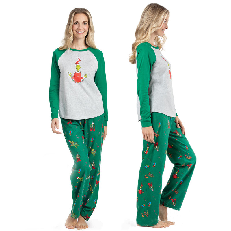 Matching family Christmas pajama set with heather gray raglan top, green sleeves and green print pants - view 9