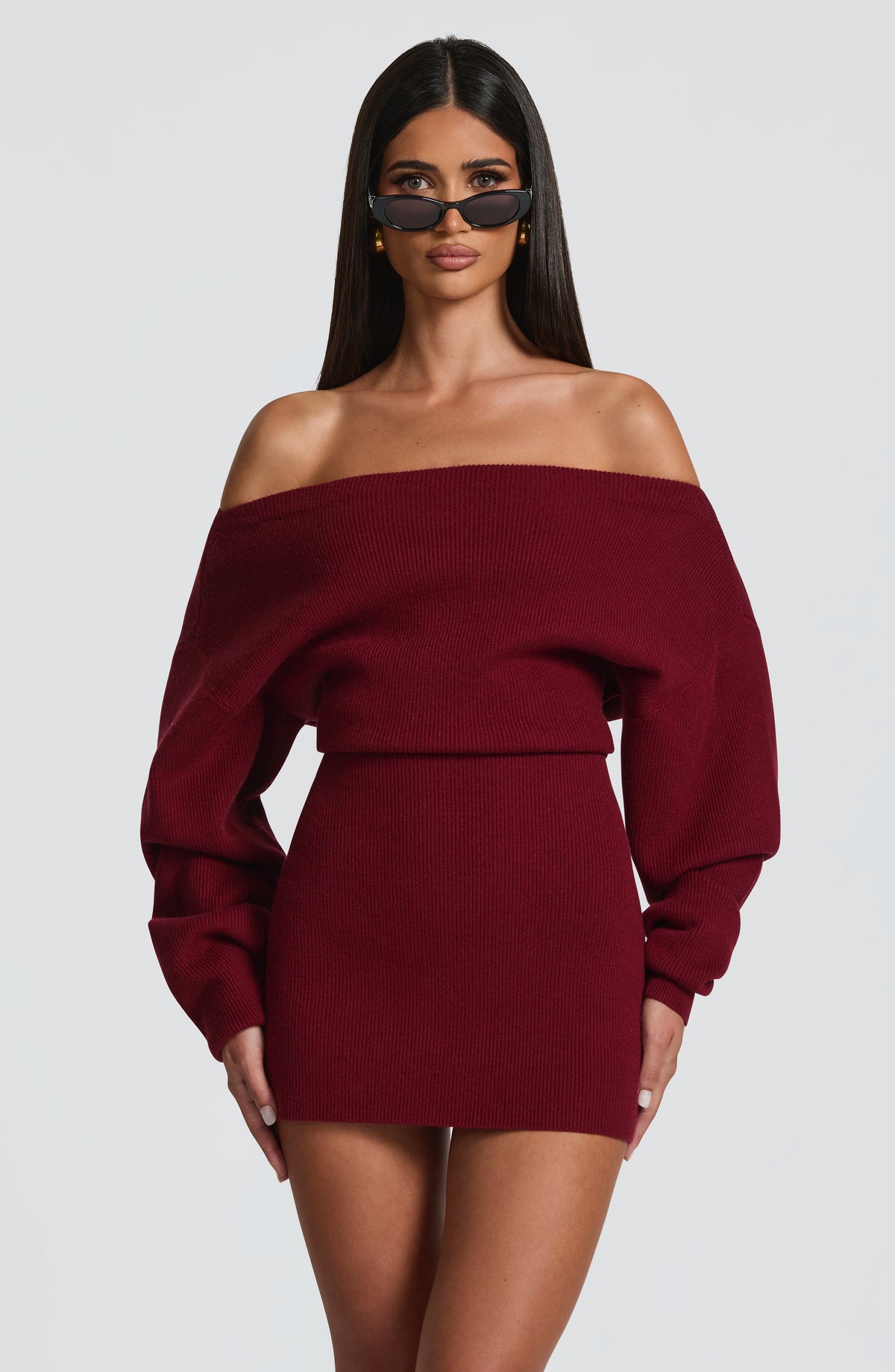 Burgundy long sleeve bardot knit mini dress with back tie waist