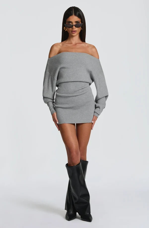 Burgundy long sleeve bardot knit mini dress with back tie waist - view 10