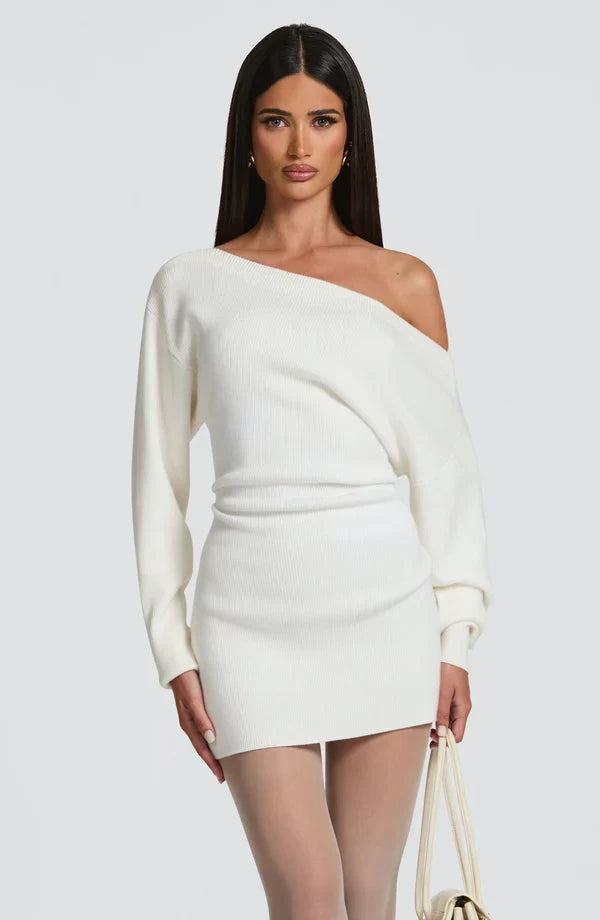 Burgundy long sleeve bardot knit mini dress with back tie waist - view 11