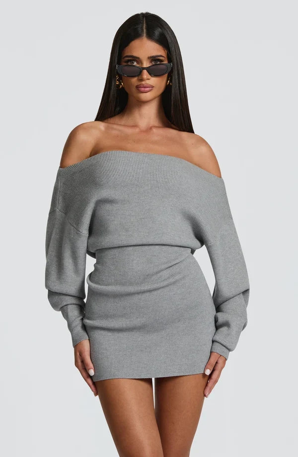 Burgundy long sleeve bardot knit mini dress with back tie waist - view 15