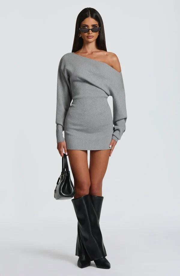 Burgundy long sleeve bardot knit mini dress with back tie waist - view 16