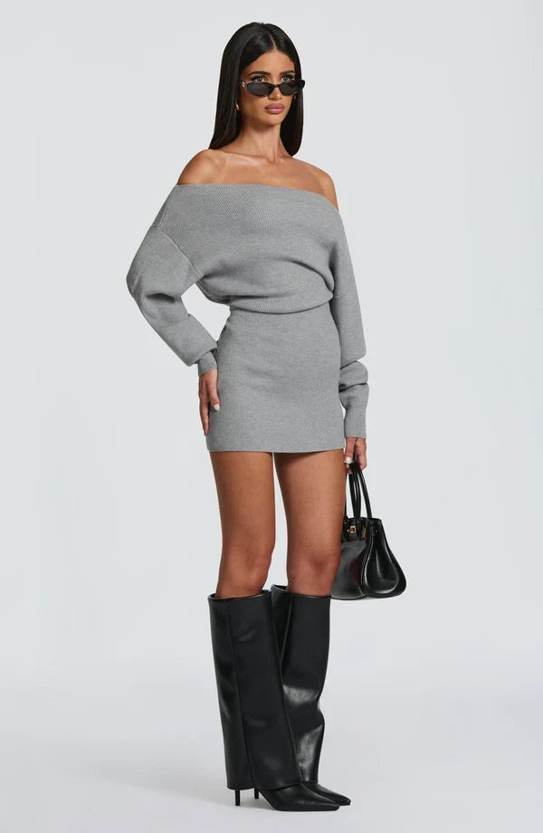 Burgundy long sleeve bardot knit mini dress with back tie waist - view 17