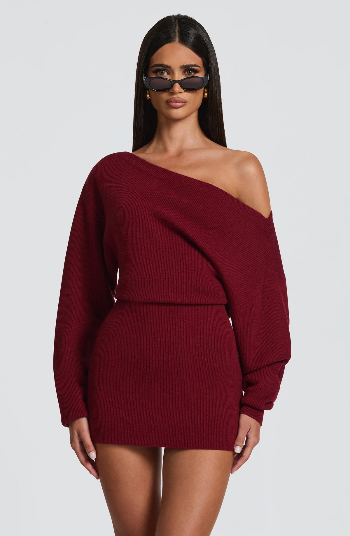 Burgundy long sleeve bardot knit mini dress with back tie waist - view 2