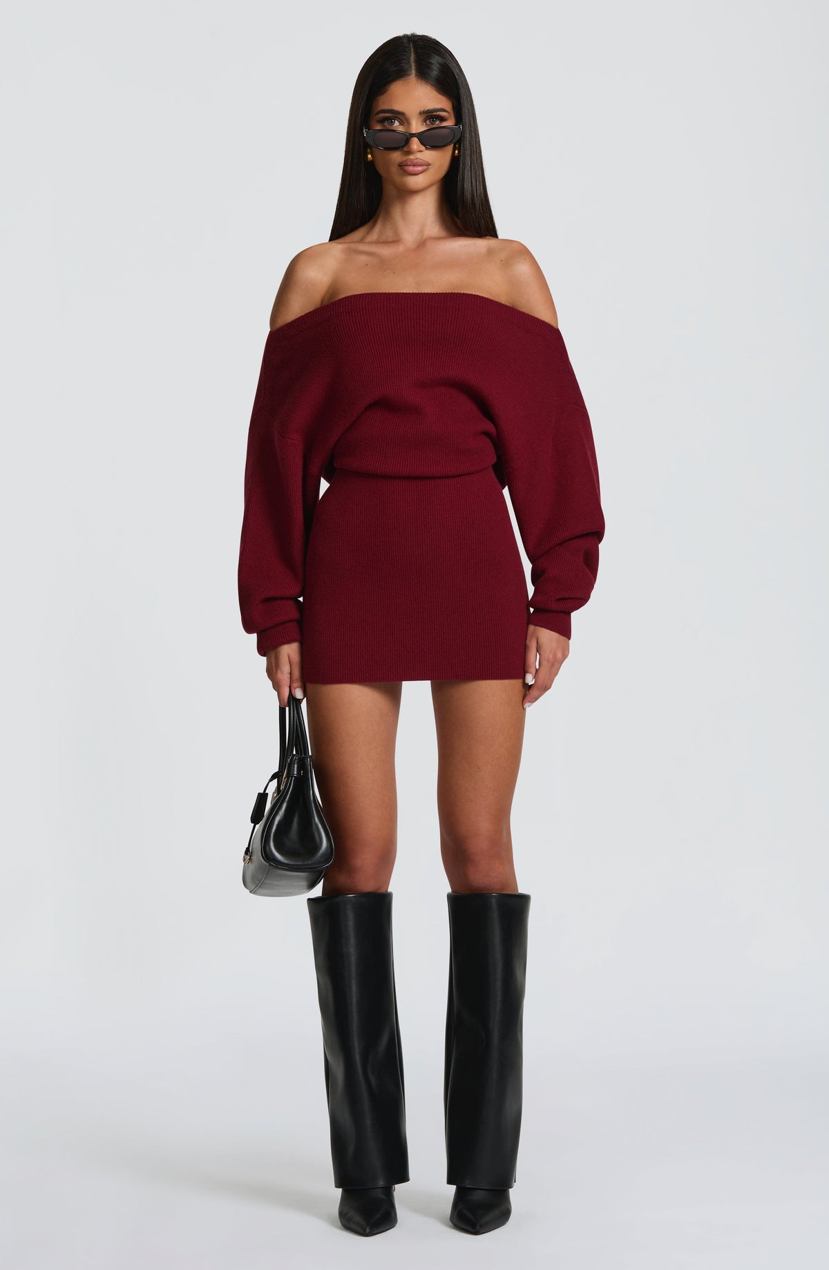Burgundy long sleeve bardot knit mini dress with back tie waist - view 3