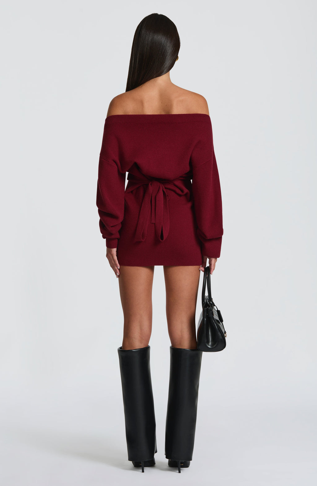 Burgundy long sleeve bardot knit mini dress with back tie waist - view 4