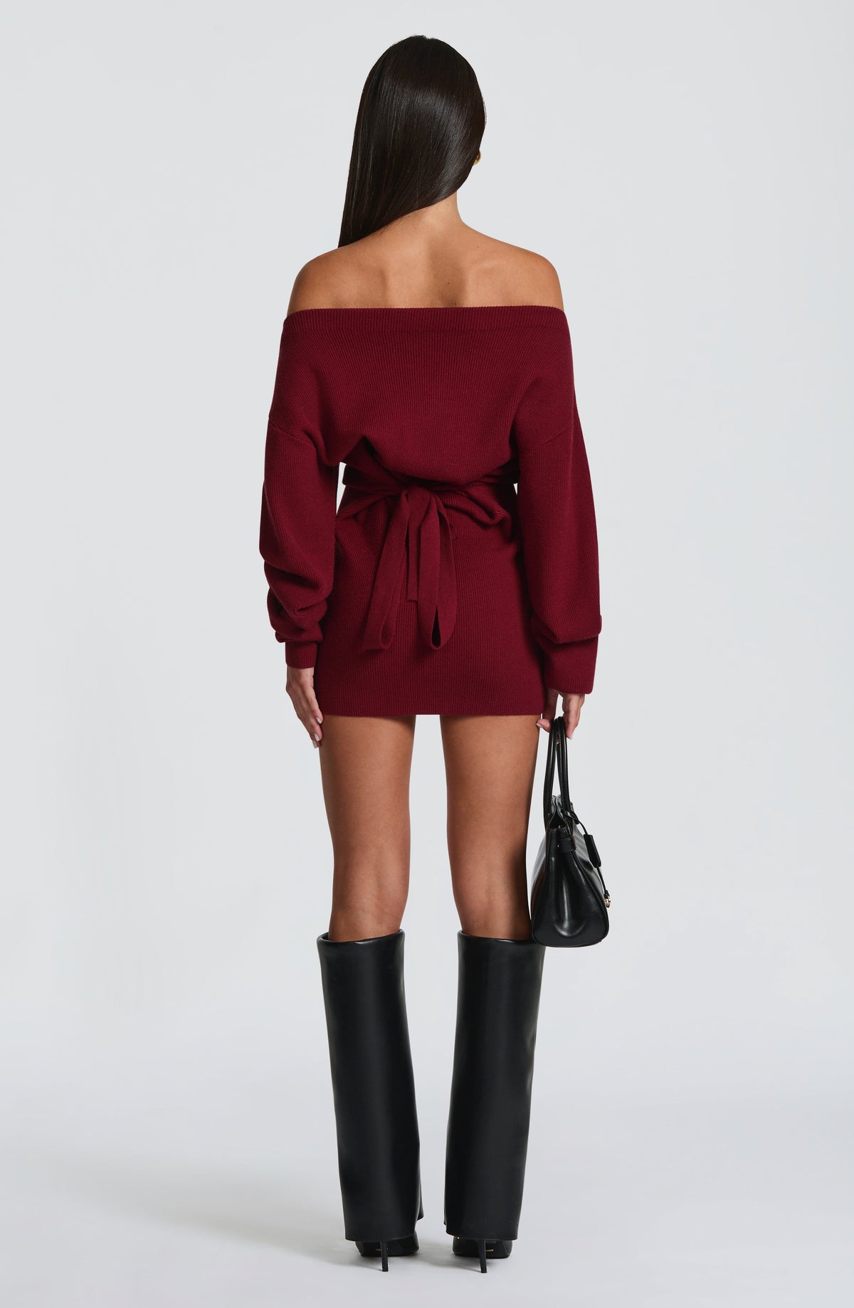 Burgundy long sleeve bardot knit mini dress with back tie waist - view 4