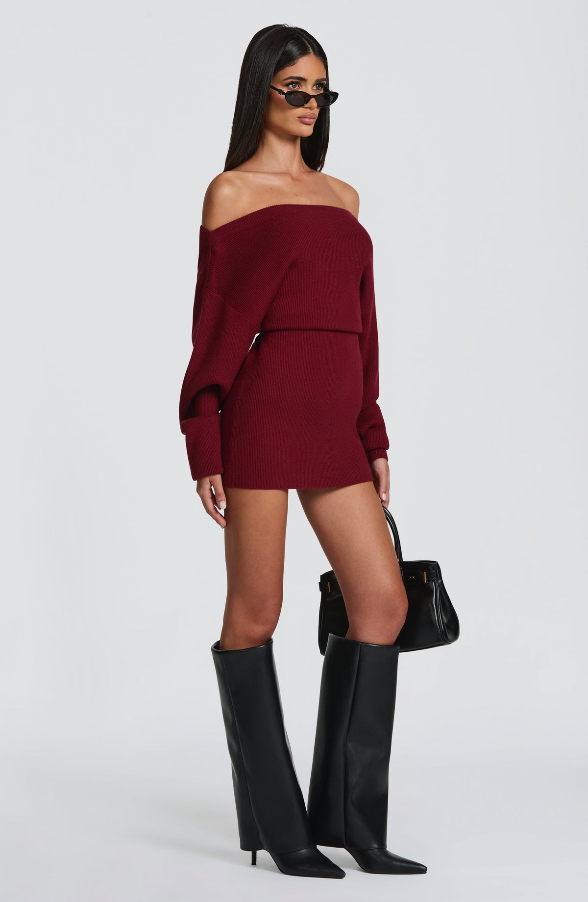 Burgundy long sleeve bardot knit mini dress with back tie waist - view 5