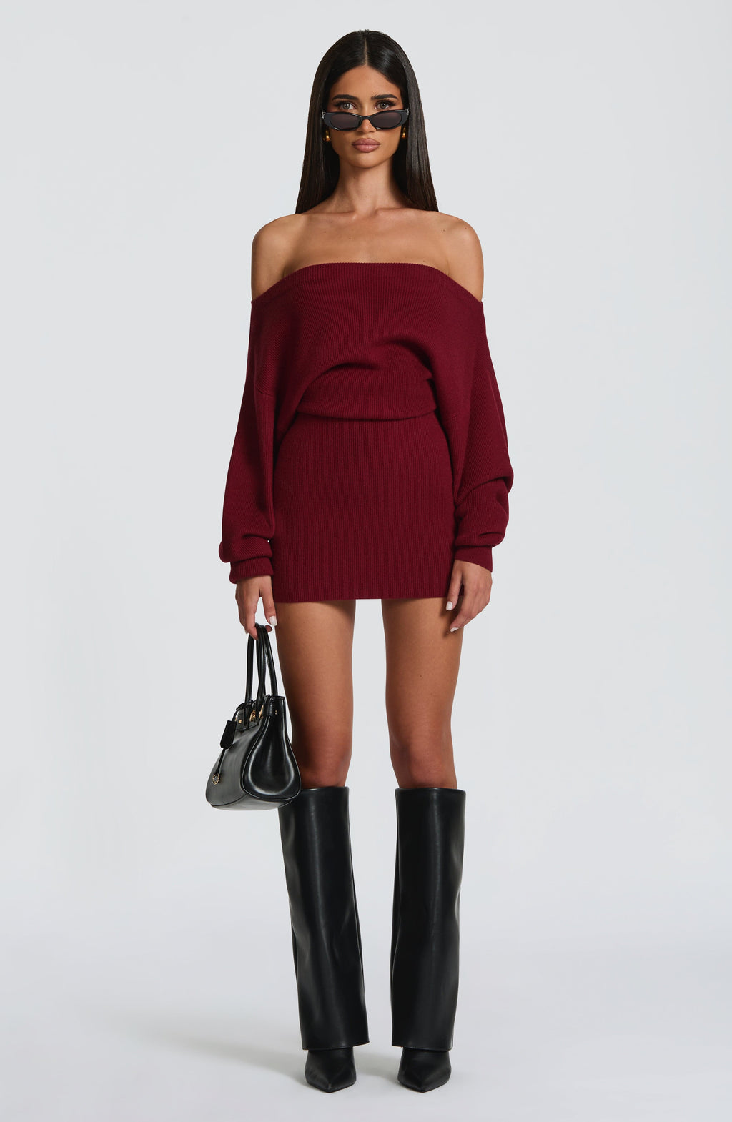 Burgundy long sleeve bardot knit mini dress with back tie waist - view 6