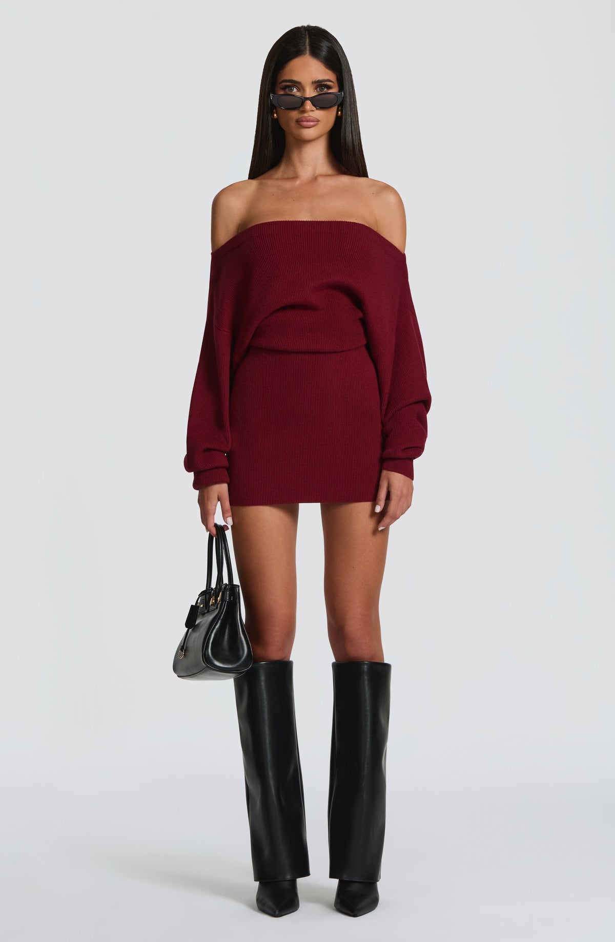 Burgundy long sleeve bardot knit mini dress with back tie waist - view 6