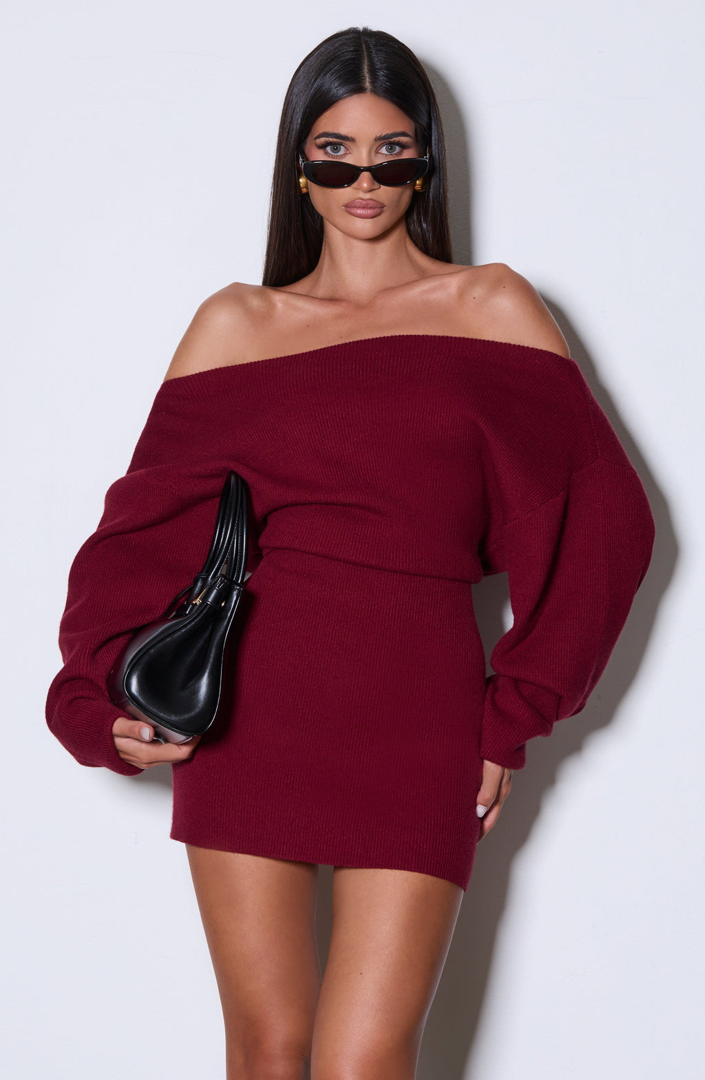 Burgundy long sleeve bardot knit mini dress with back tie waist - view 7