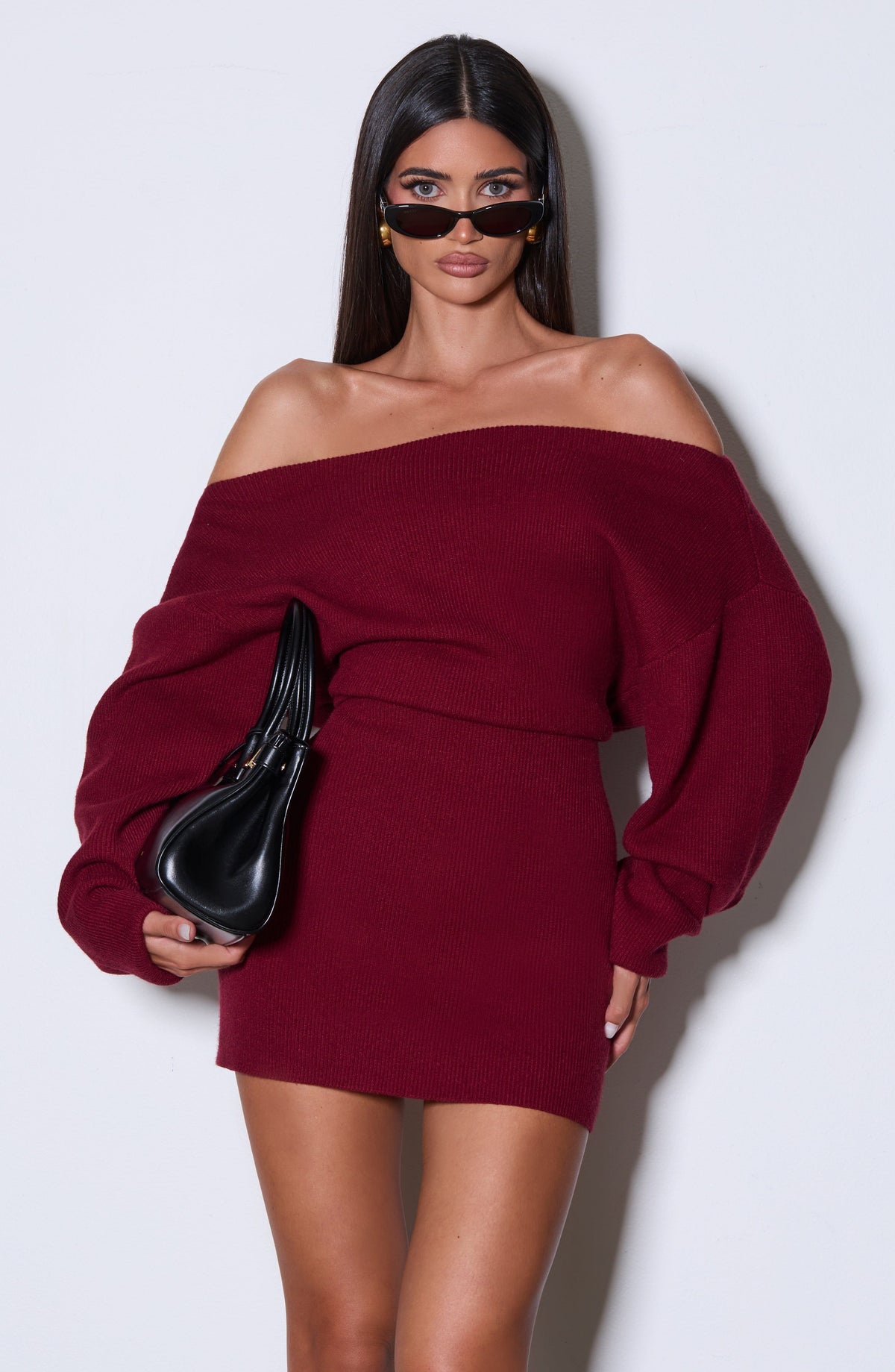 Burgundy long sleeve bardot knit mini dress with back tie waist - view 7