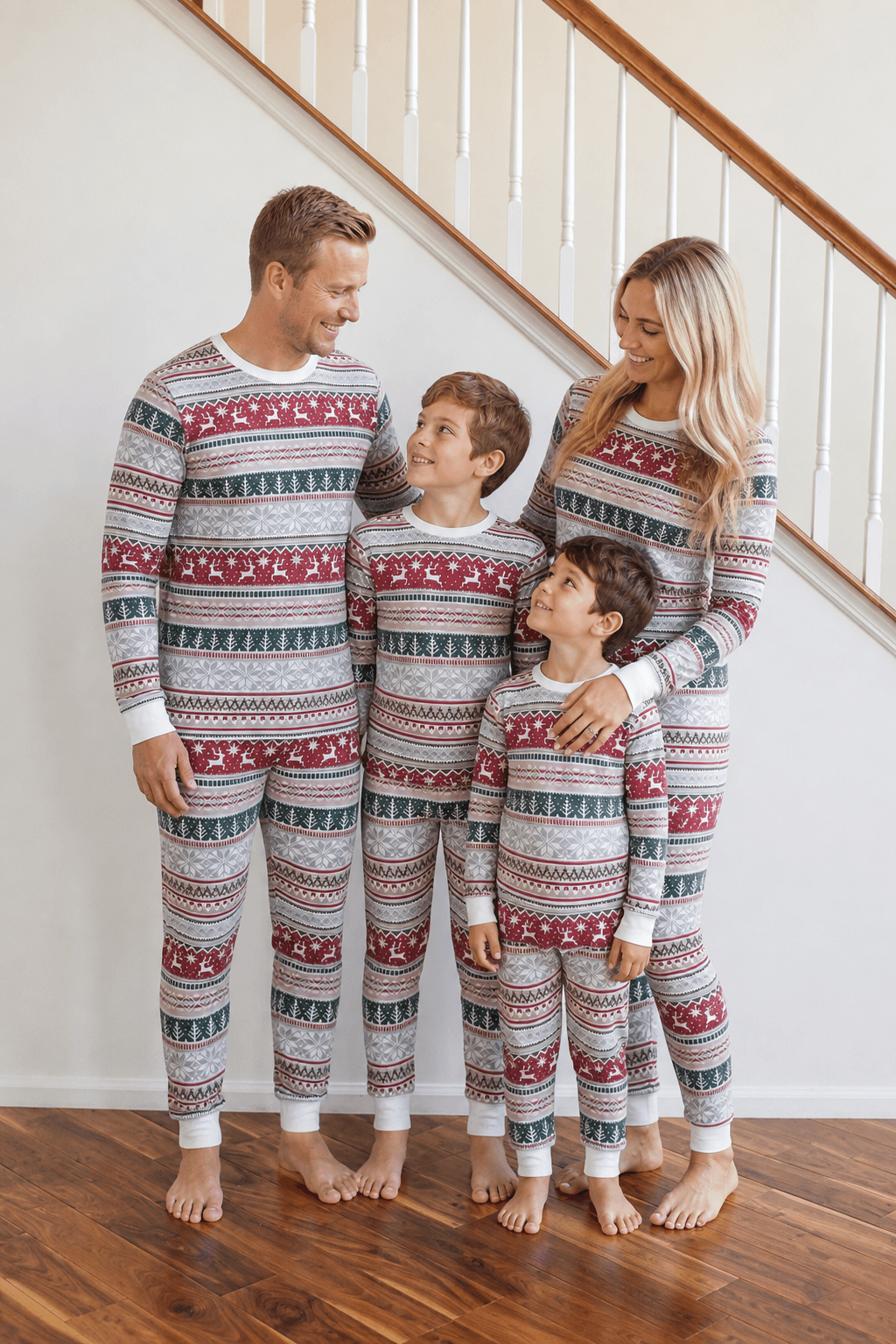 Family wearing matching Fair Isle reindeer print Christmas pajamas with white cuffs